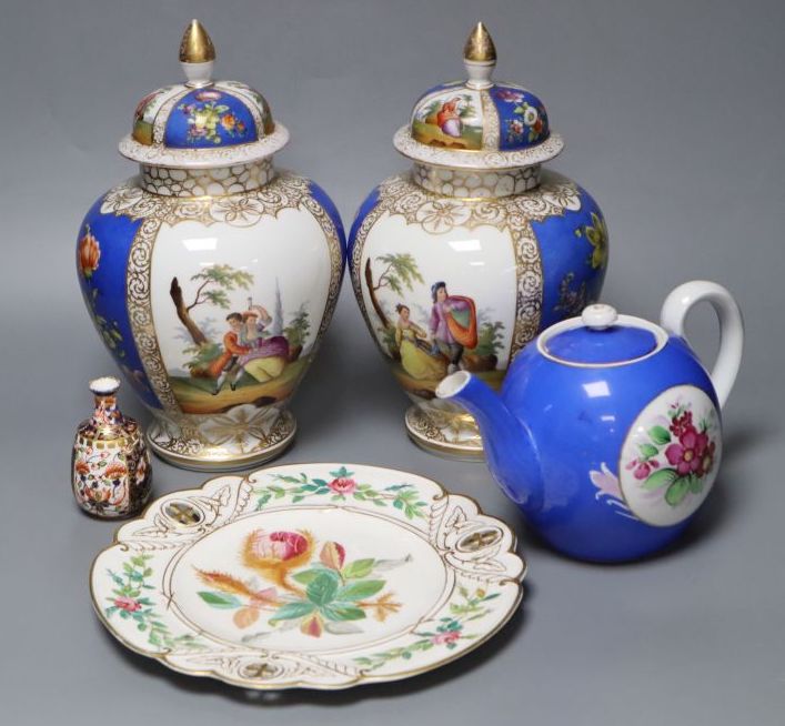 A pair of Helena Wolfsohn vases with covers in early Meissen style, 27cm and three other items